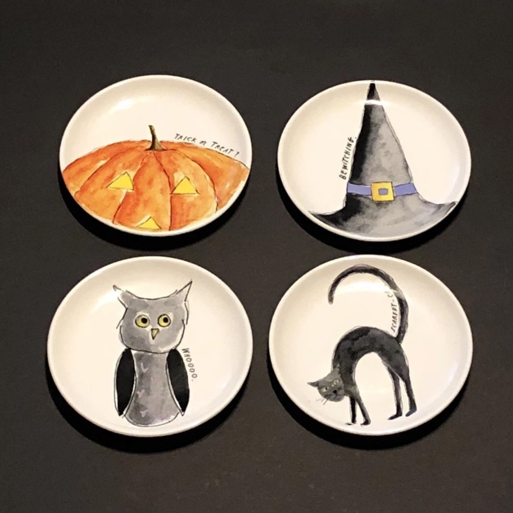 Rae Dunn Magenta Halloween Round Plates Witch Cat Pumpkin Owl Witch Hat